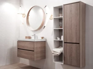 Mueble de baño flotante en madera con espejo redondo - Madertino