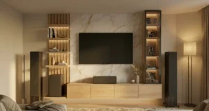 Mueble de TV en mármol con torre y vitrina de madera - Madertino